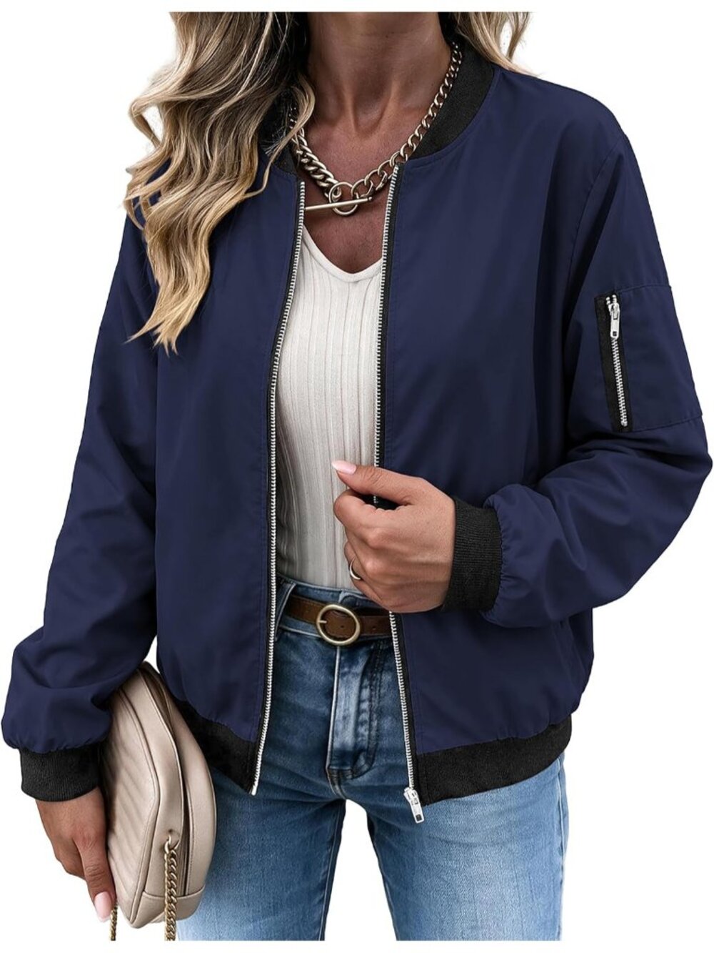 Women's Blue 100% Polyester Zip Up Utility Pocket Spring Flight Bomber Jacket